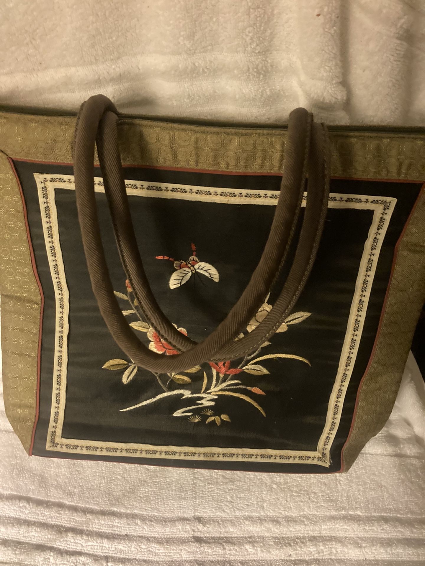 Tote W/ Asian Needlepoint On Both Sides