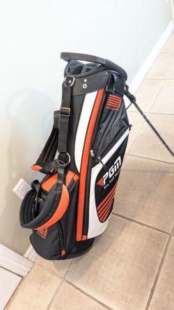 BRAND NEW PRO GOLF MASTERS PGM PREMIUM DESIGN 14-WAY TOP 6 ZIPPERS POCKETS DUAL STRAPS SEMI CONCEALED GOLF STAND BAG is STYLISH BLACK/ ORANGE/ WHITE A