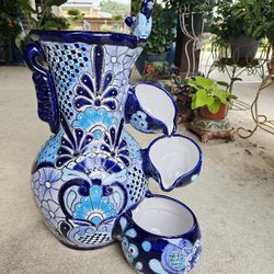 Blue Talavera Water Fountain. Clay Pots, Planters,Pottery,Plants.