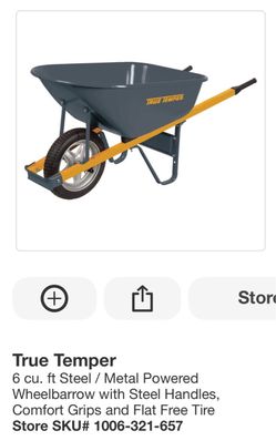 True Temper 6 cu. ft Steel / Metal Powered Wheelbarrow with Steel Handles, Comfort Grips and Flat Free Tire