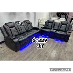 Black Breathing Leather 2 Piece Reclining Sofa And Loveseat Set 