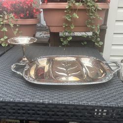  Vintage Metal Serving Tray And Metal Pedestal 