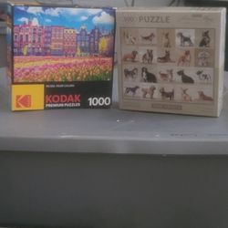 2 Complete Puzzles Used Dogs And Flowers
