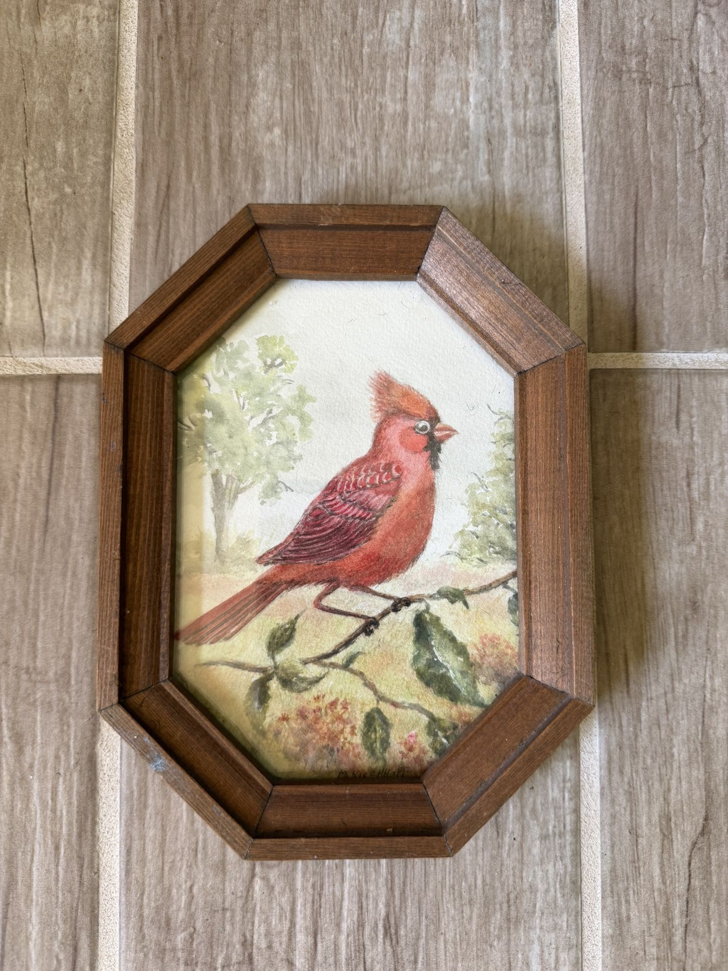 Wood Framed Male Red Cardinal Watercolor Picture 8” x 6”
