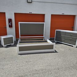 Modern White & Gray King Bedroom Set – King Bed Frame, Dresser & Nightstand