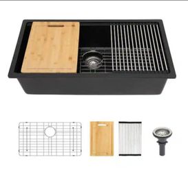 Lordear Matte Black 30 in. Undermount Single Bowl Granite/Quartz Composite Workstation Kitchen Sink