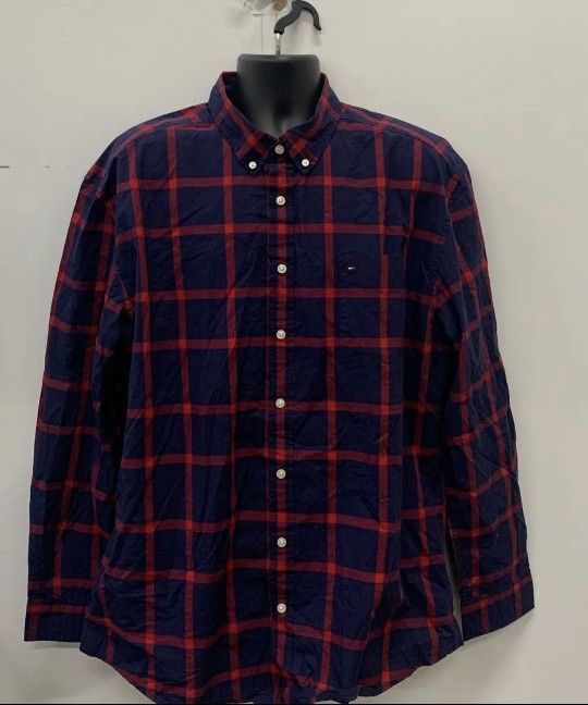 NWOT Tommy Hilfiger Men's Blue/Red Plaid Long Sleeve Dress Shirt Sz XXL