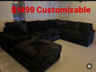 Custom Brand New Black Corduroy Sectional Sofa with Chaise