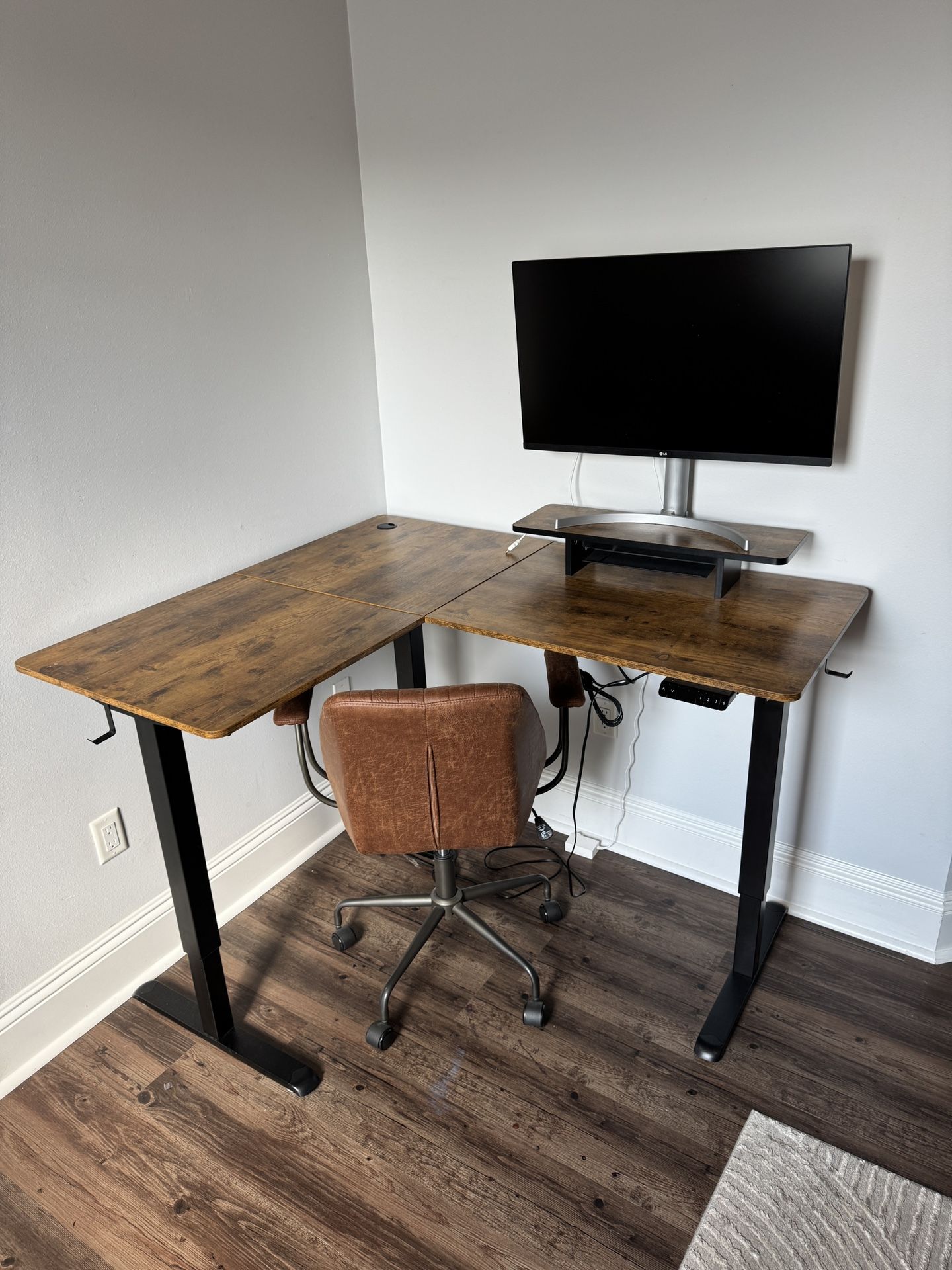 Motorized Standing/Sitting Desk L-Shape Monitor Riser And Desk Chair