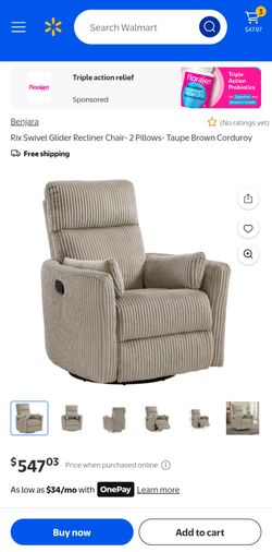 Recliner Chair- 2 Pillows- Taupe Brown Corduroy