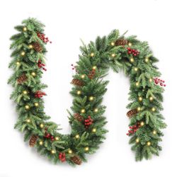 New Christmas Garland, 9ft Pre-Lit Christmas Garland with Lights, Battery Operated with Pine Cones & Red Berries, Artificial Christmas Greenery for Ma