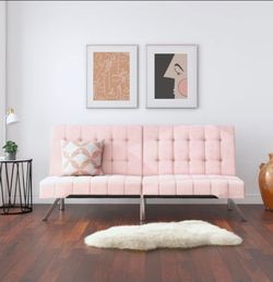 71 Inch Futon Sofa Bed in Velvet Fabric Couch Sleeper with Tufted Back and Seat, Mid-Century Modern, Pink