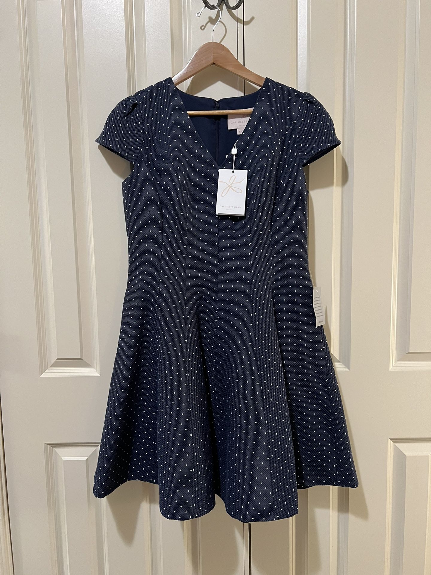 Gal Meets Glam Dress Size 12 Navy Blue w/White Polka Dots New With Tags