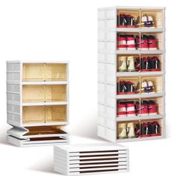Foldable Shoe Rack, 6Tiers-12Pairs Shoe Organizers for Closet Plastic Storage Box Space Saving Stackable Sneaker Cabinet Bins with Magnetic Clear Door