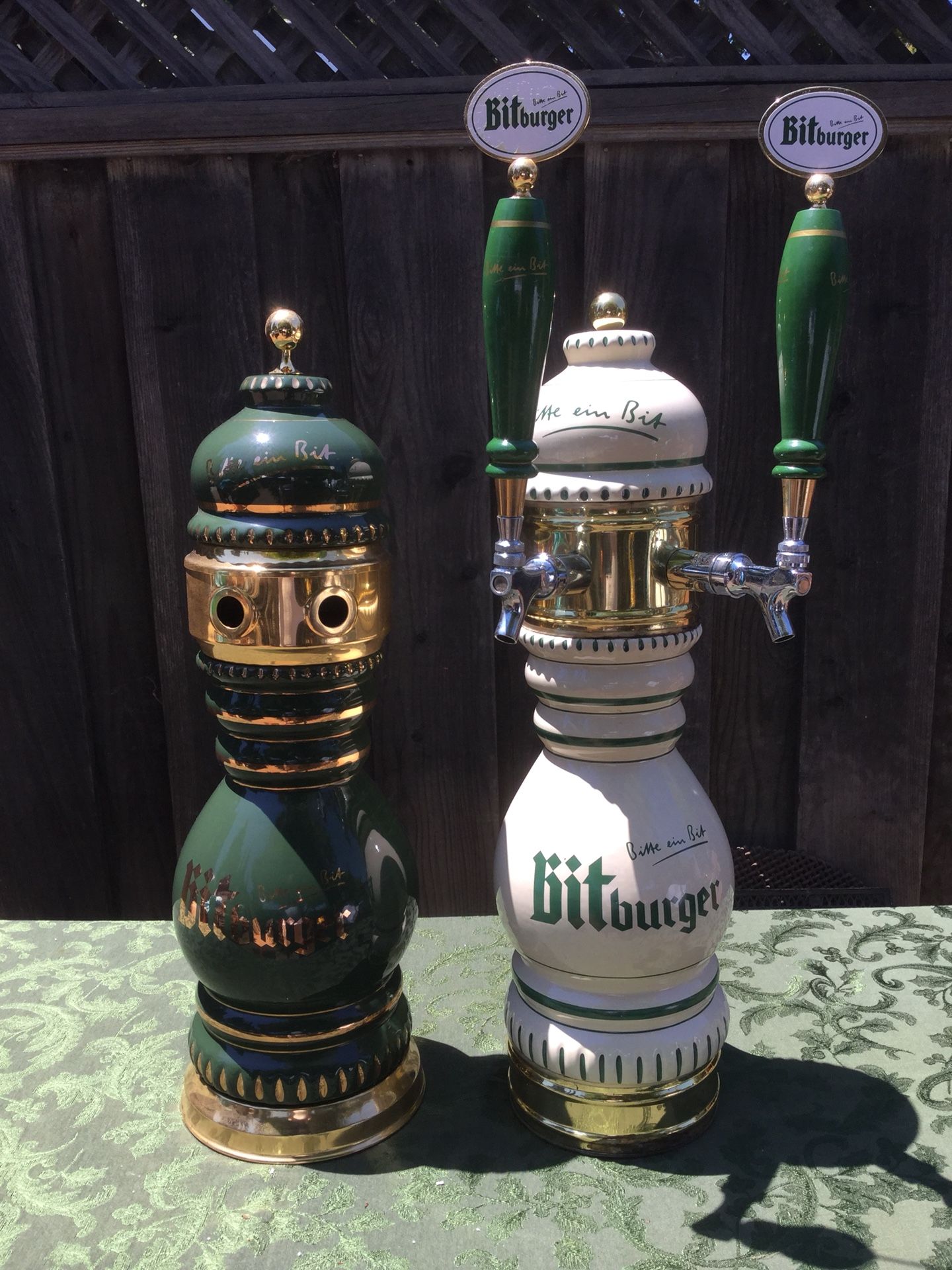 Pair Ceramic Bitburger Beer Tower Tap Dispensers by Celli. 26” inches tall.