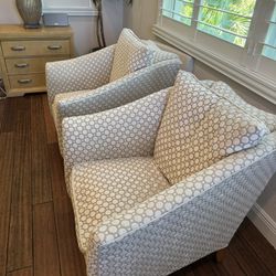 Beautiful Pair Of geometric circle pattern fabric chairs with tapered wood legs