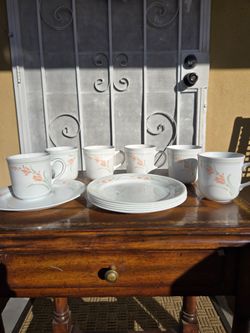 Vintage Corelle Peach Garland 12-Piece Set - 6 Mugs & 6 Plates - Mint Condition