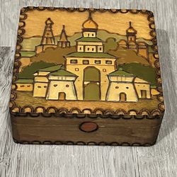 Hand Carved Wood Trinket Box 3” X 3”