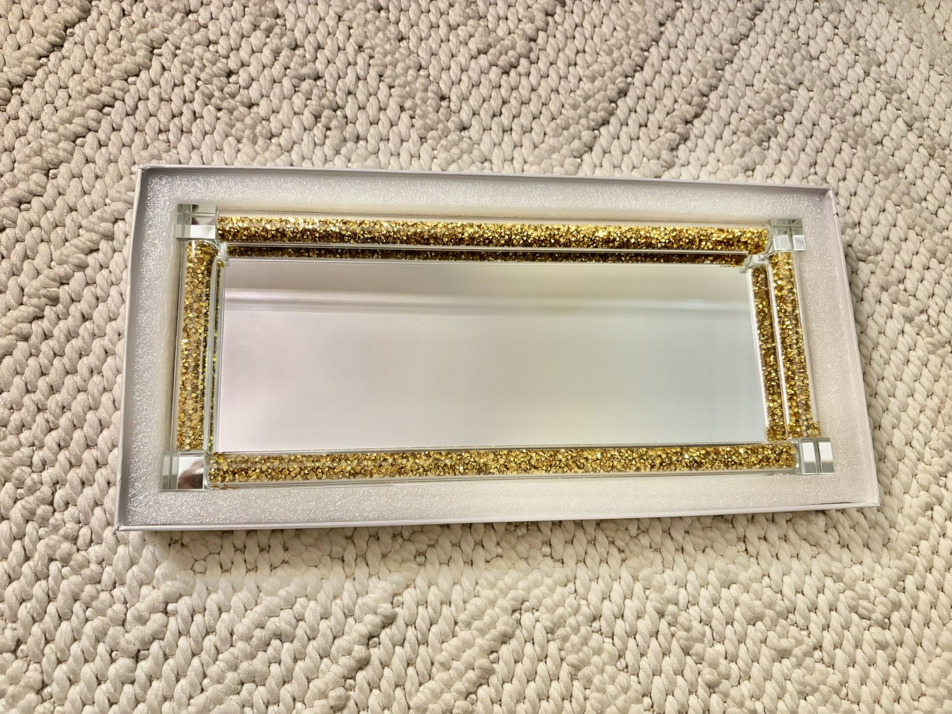 NWT elegance Crystal Styled Glass tray in gold size 34cm X 14 cm
