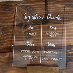 Wedding Acrylic Sign Drink Menu 