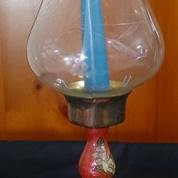 Vintage Red Multi Color Floral Brass Candle Holder with Etched Glass Globe