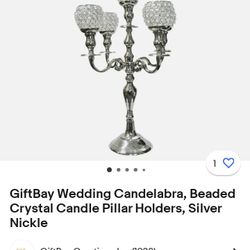 GiftBay Wedding Candelabra, Beaded Crystal Candle Pillar Holders, Silver Nickle 

