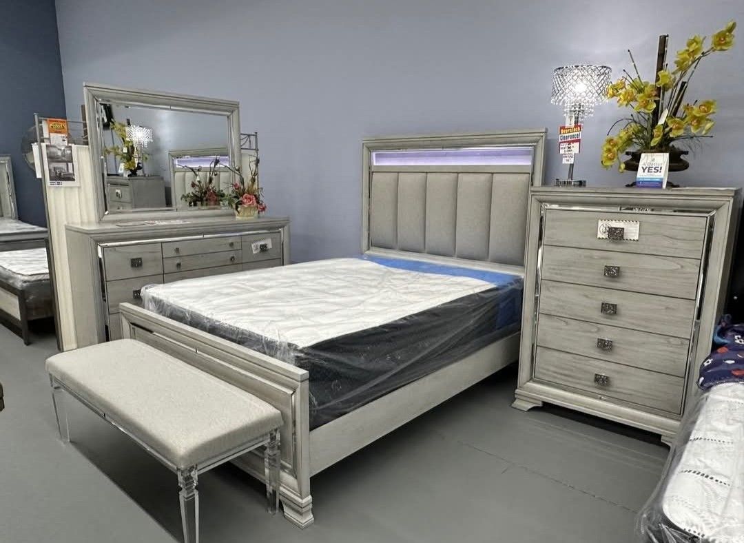AP🎉 Gray LED Upholstered Panel Bedroom Set- 4-Piece (Bed, Dresser, Mirror, Nightstand) Financing & Delivery