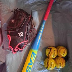 Softball Items. New Wilson Glove, Easton Bat, And Balls