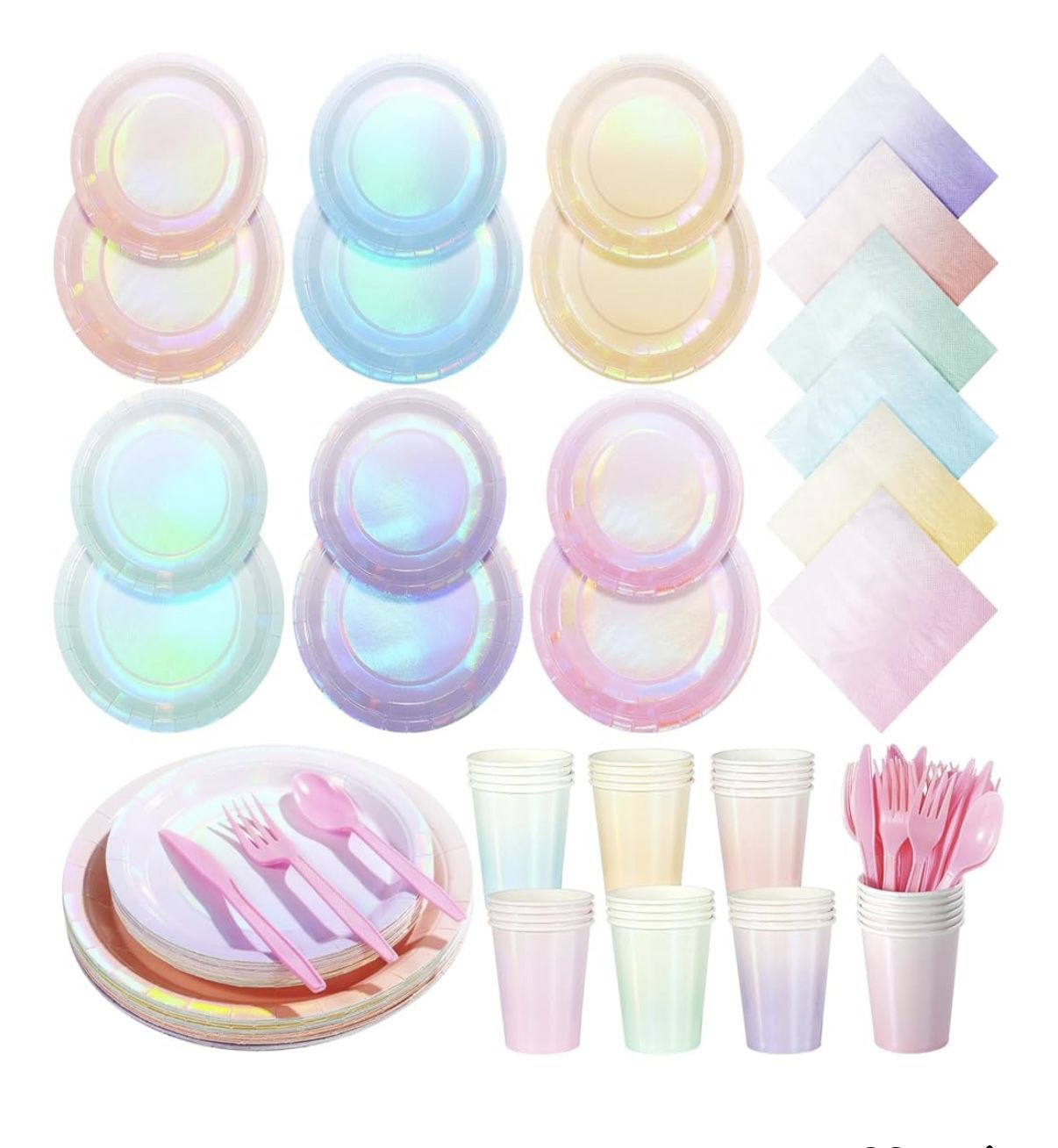 Iridescent Pastel Plates and Napkins Serve 50, Pastel Rainbow Holographic Birthday Party Plates Supplies