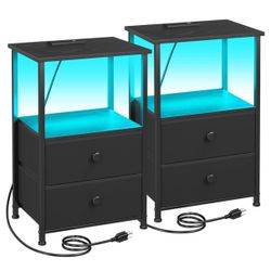 Night Stand Set 2, LED Nightstand with Charging Station, End Tables with Storage Shelf, Bedside Table with 2 Fabric Drawers for Bedroom, Small Spaces,