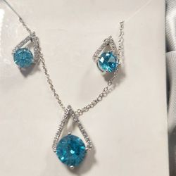 925 Sterling Silver, Blue Topaz And diamond necklace and earrings 