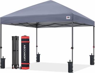2363c $120  ABCCANOPY 12x12 Pop Up Canopy Tent, Heavy Duty Weather Protection, Gray Easy Setup, Portable Wheeled Carry Bag, UV50+, Sand Bags, Stakes &