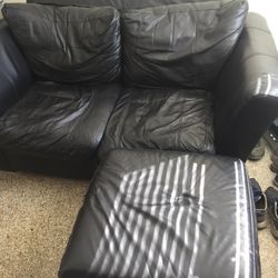 Love Seat/Couch/Sofa With Ottoman - Black Leather