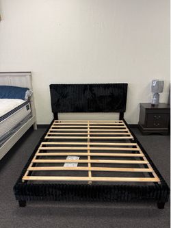 Queen platform bed frame in black corduroy