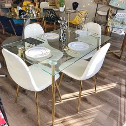 Gold Glass Dining Table Set Rectangular For 4 People