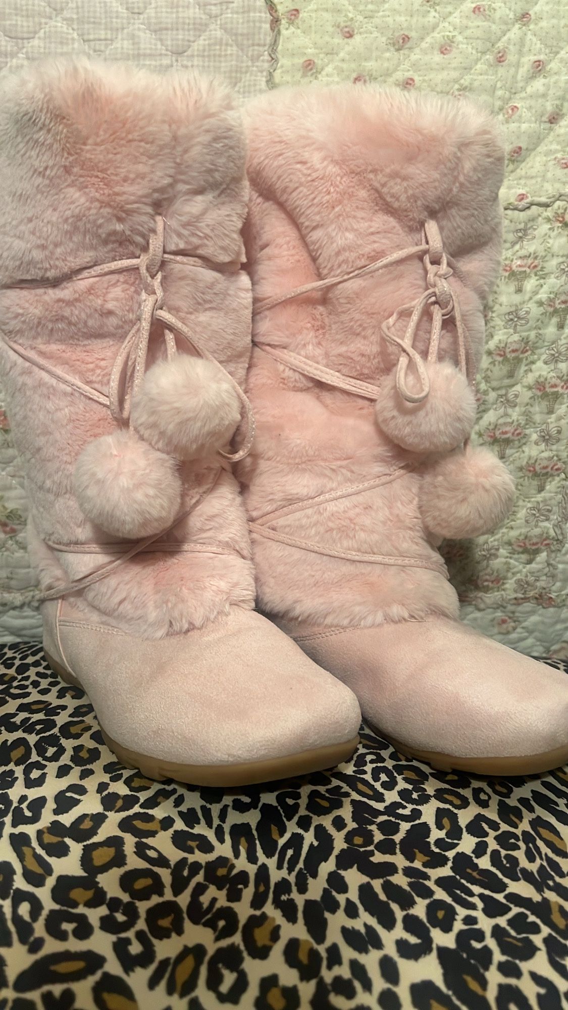 pink fur pom pom boots
