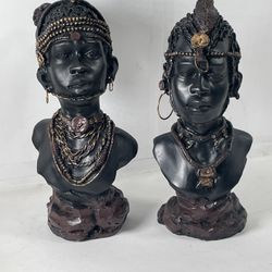 Vintage 2x African Carved Woman Bust Statue Sculpture   6.5” Rare Find
