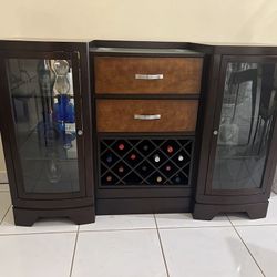 Solid Wood Buffet/Bar Cabinet w/ Wine Rack + Lighted Glass Shelves