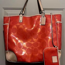 2 COACH Large Designer Peyton Signature Red Orange Tote Bag Purse Bag + Pouch