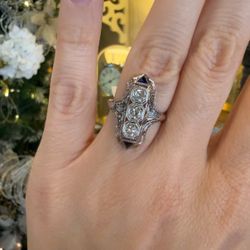 18K Gold Art Deco Ring With Natural Diamonds And Sapphires
