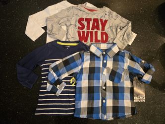 Size 2T, Lot of 4, Toddler Boys Long Sleeved Shirts, Including A New Plaid Blue Button Up Dress Top