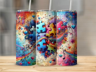 Heart Puzzle Music Notes 20 oz Skinny Stainless Steel Tumbler Handmade Gift