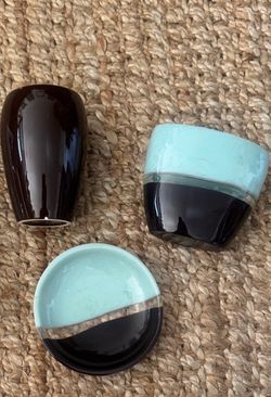 Aqua and Brown Bathroom Accessory Set soap dish tooth brush holder jewelry
