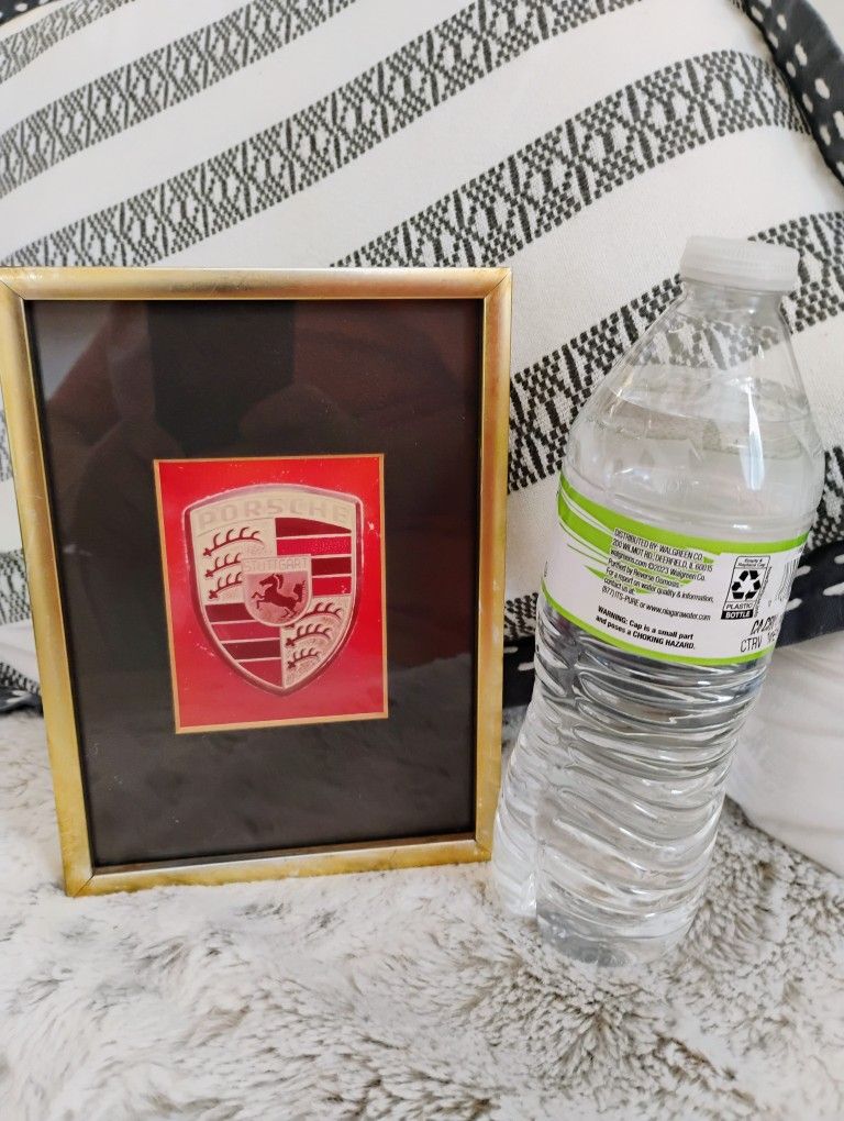 Vintage PORSCHE STUTTGART LOGO WALL ART Photo w/ Frame. Shows use and wear see pictures for details pre owned