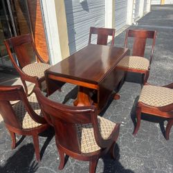 Solid  oak wood dining table with six chairs QW Amish Ashley  double pedestal base and drop leaf