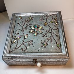 Vintage Hand Crafted Silvertone Embellished Sparkly Wood Jewelry Box