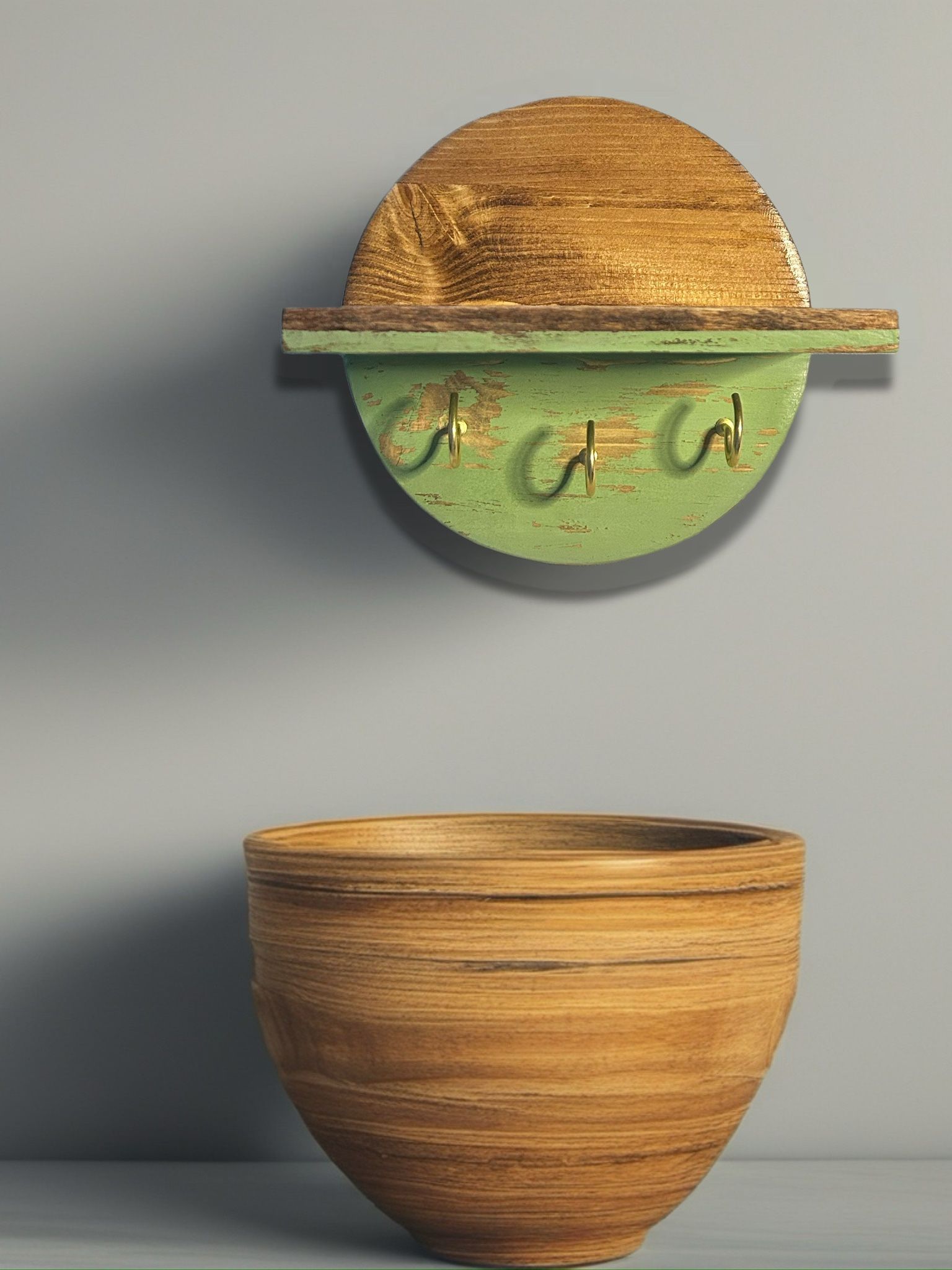 Solid Rustic Wooden Key Holder Entryway Decor Shelf Small Plant Holder Stained Wood Handmade Hand Painted and Sanded Wood