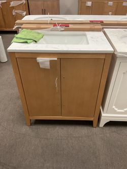 30” Light Brown Wood Bathroom Vanity with Engineered Marble Top (S15)