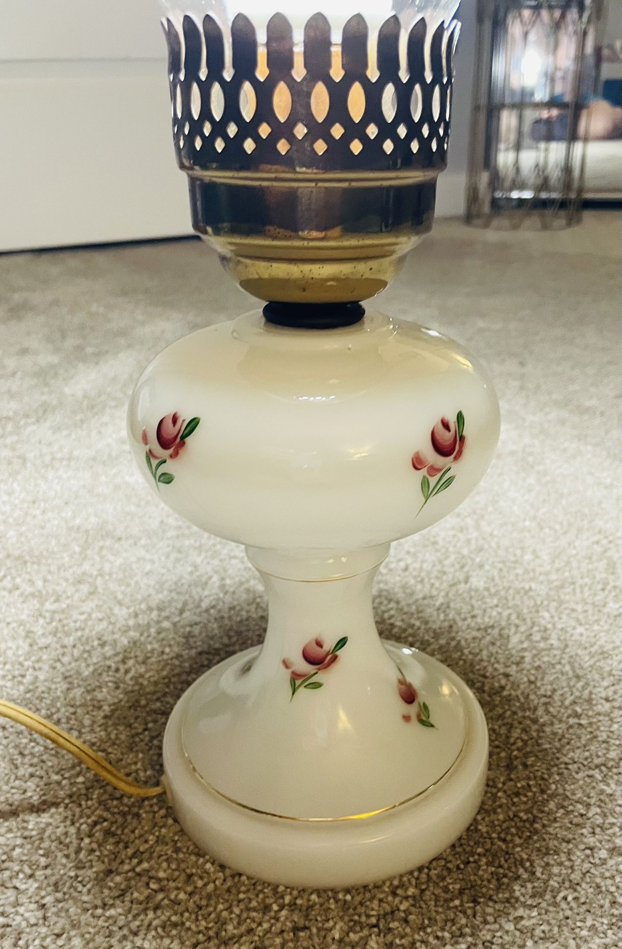 Vintage Floral Dainty Milk Glass Lamp With Brass Accents