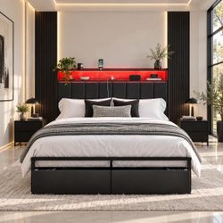 🚨 Queen size LED bed frame with 2 storage drawers , brand new in box N-24